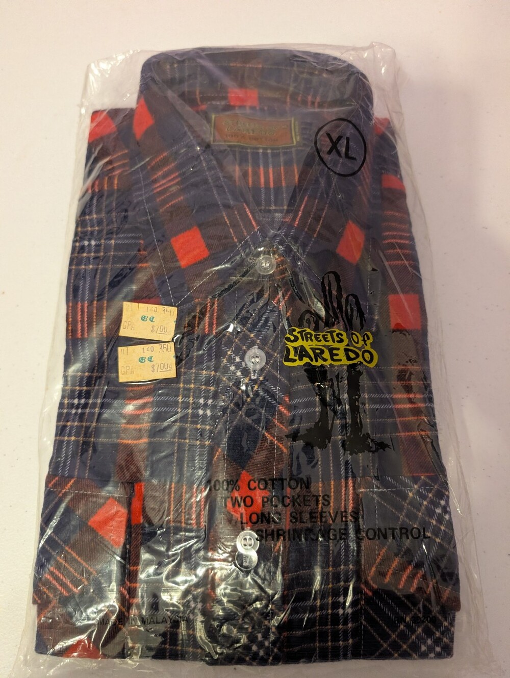 Vtg Streets of Laredo Blue/Red Flannel Shirt Men XL Cowboy Western 70s 80s NOS